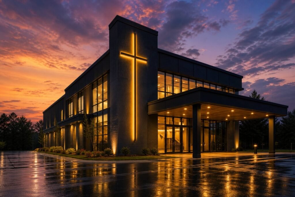 The Christ Peace Church building at dusk with an illuminated cross