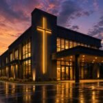 The Christ Peace Church building at dusk with an illuminated cross