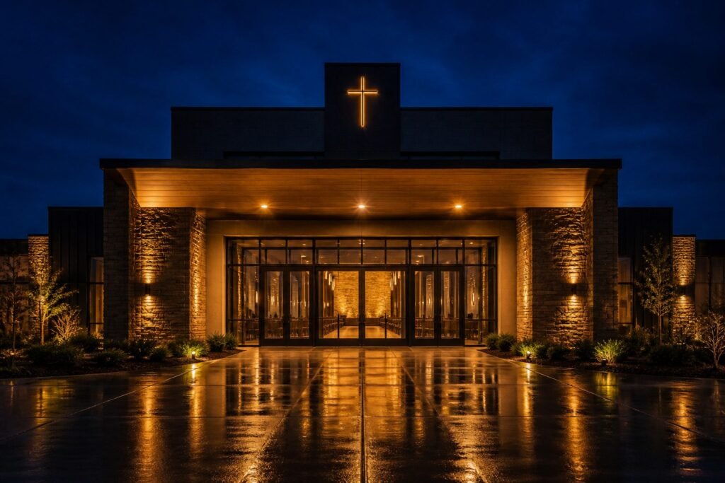 The front entrance of Christ Peace Church lit up at night