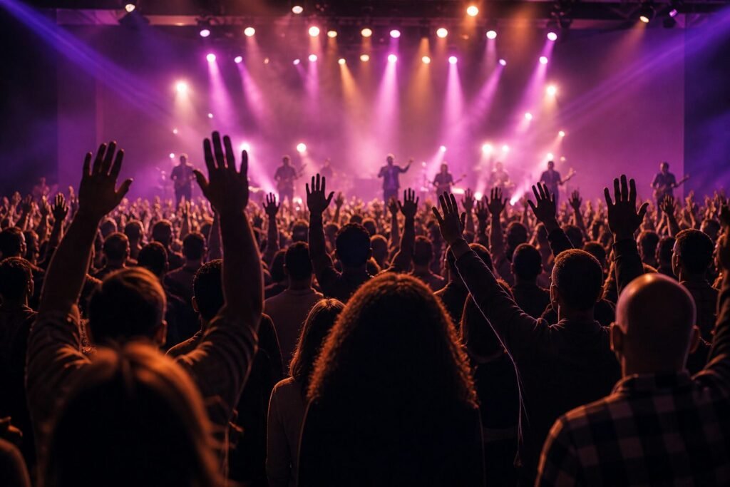 A congregation worshipping with hands raised at a night of worship