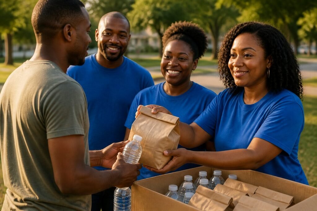 Volunteers serving at a community outreach event in the park