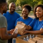Volunteers serving at a community outreach event in the park