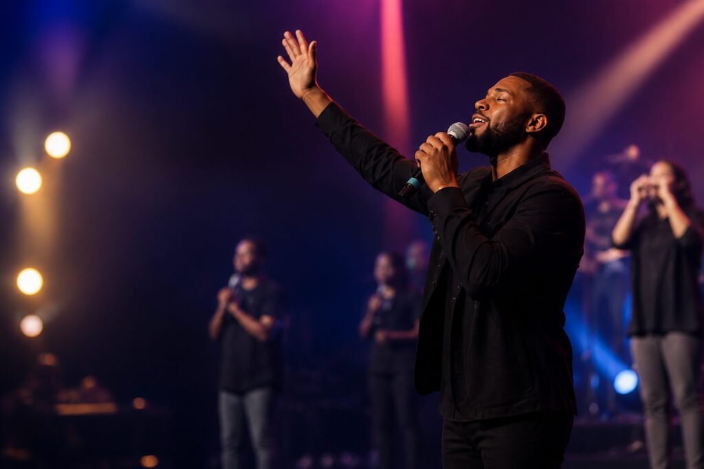 A worship leader singing with hands raised during a Christ Peace Church service